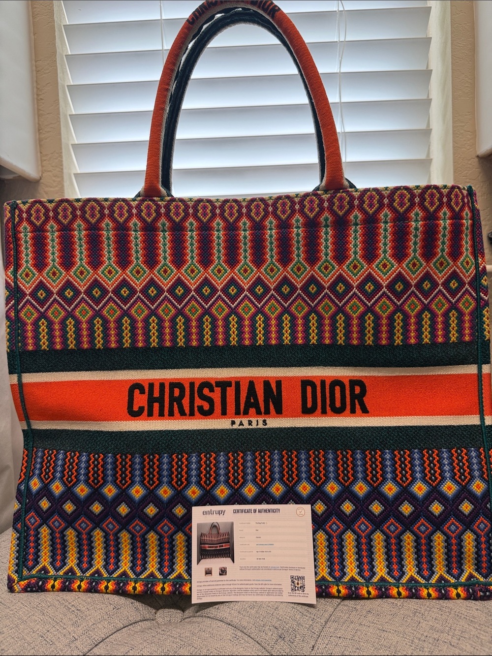 Dior Multicolor Embroidered Tote with Orange Stripe